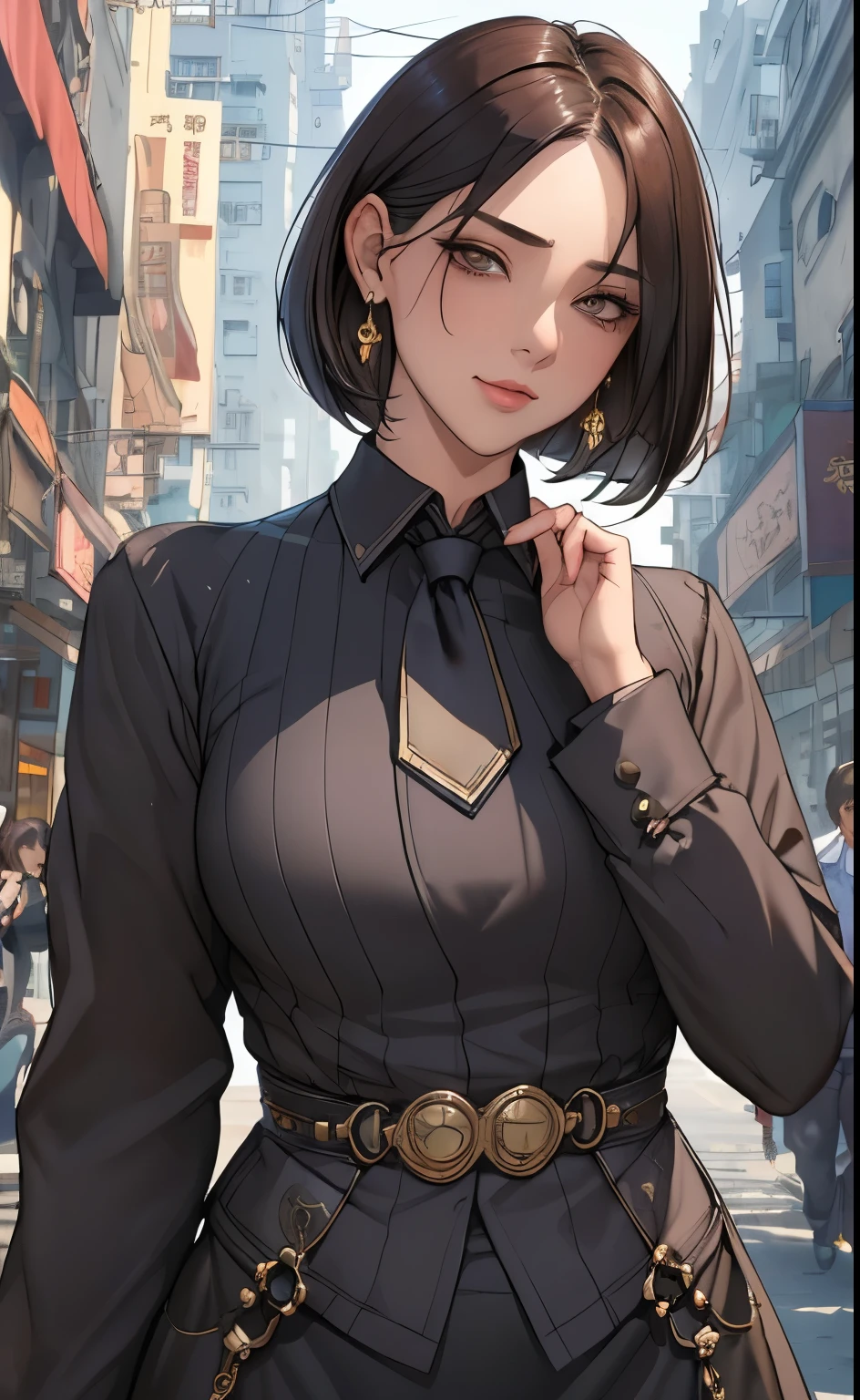 (masterpiece:1.3), (disorganized:1.3), (highest quality:1.3),perfect anatomy,detailed face,Steam punk, victorian era,Hong kong,horizontal angle,hands,looking at viewer, (Super detailed:1.3),(best shadow:0.7), (treated hair), angled bob cut,fine eyes, beautiful eyes, 1 middle aged woman, alone, standing, crystal earrings,closed_mouth, arm_behind_return, (police uniform,tie), rest outdoors,