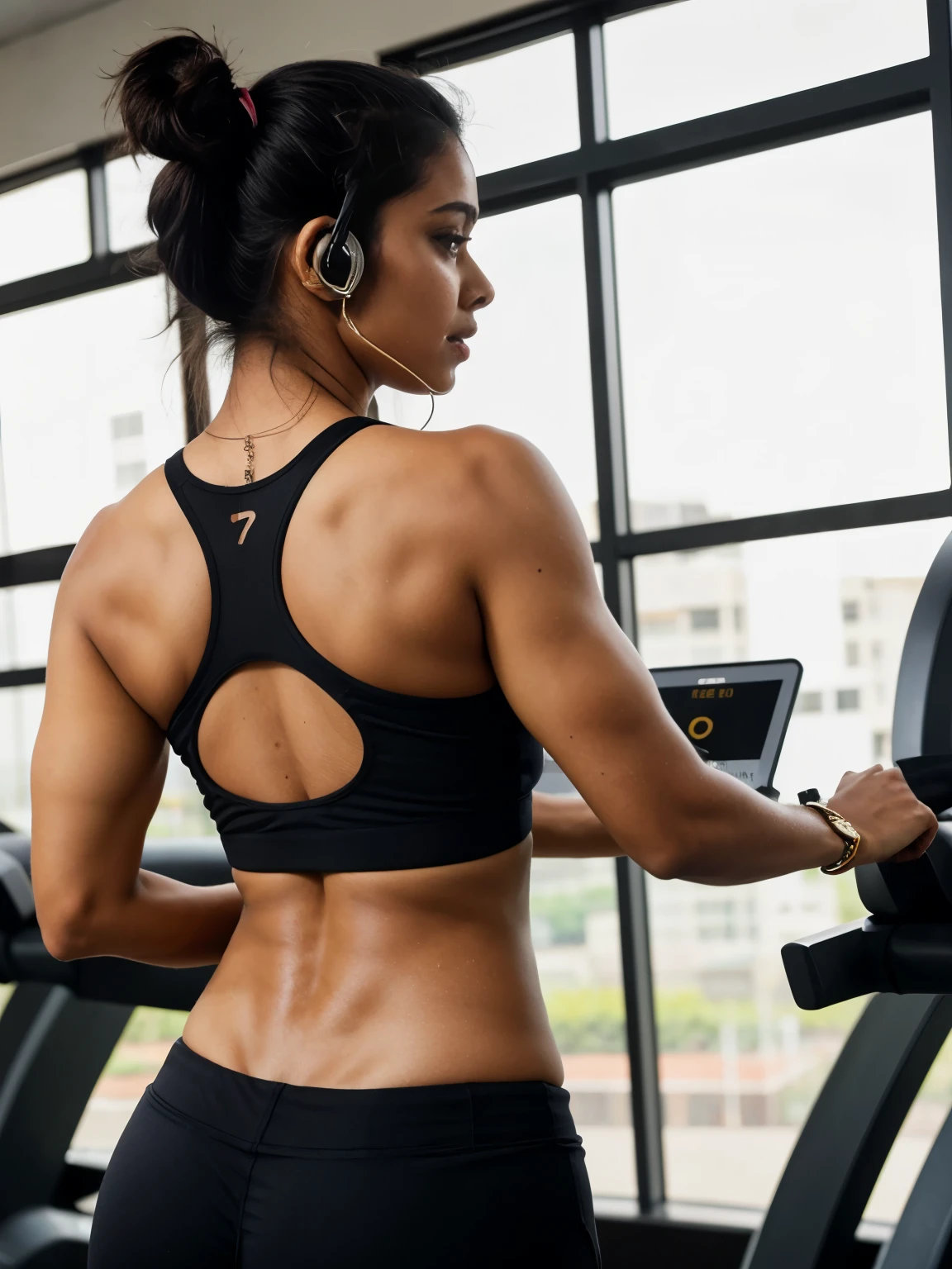 Tamil girl, tank top, slim fit body, broad shoulders, well built muscles, hourglass figure, ponytail, headphones, skipping, inside a ultra technology gym