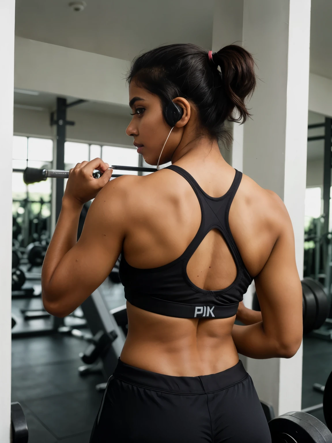 Tamil girl, tank top, slim fit body, broad shoulders, well built muscles, hourglass figure, ponytail, headphones, skipping, inside a ultra technology gym