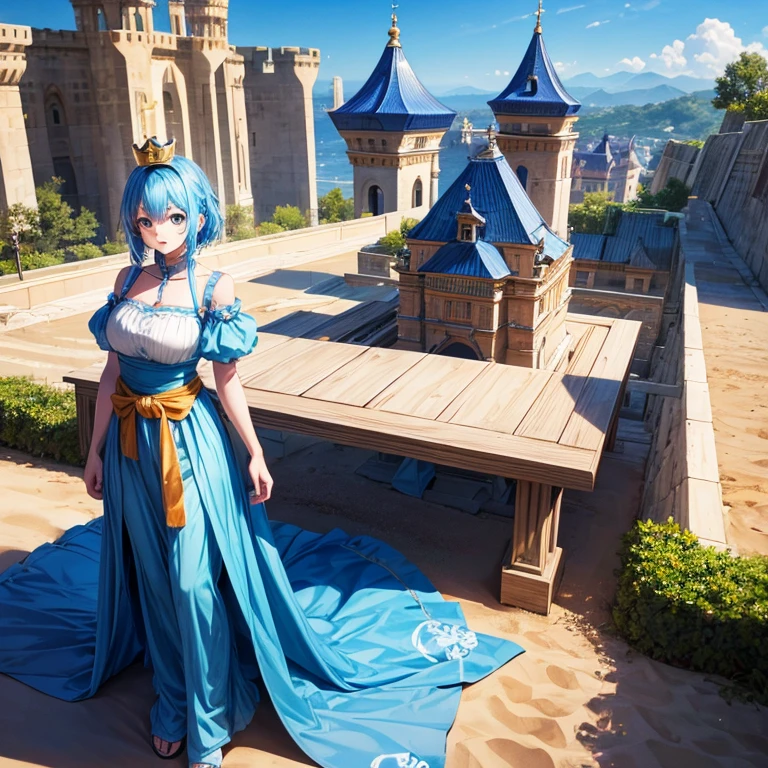 table top, highest quality, alone, 1 girl, blue hairにツインテール, blue hair, :d, orange dress, looking at the viewer, outdoor, sand, sand丘, huge castle, crown, Are standing, full body, cowboy shot, put your hand on your waist,