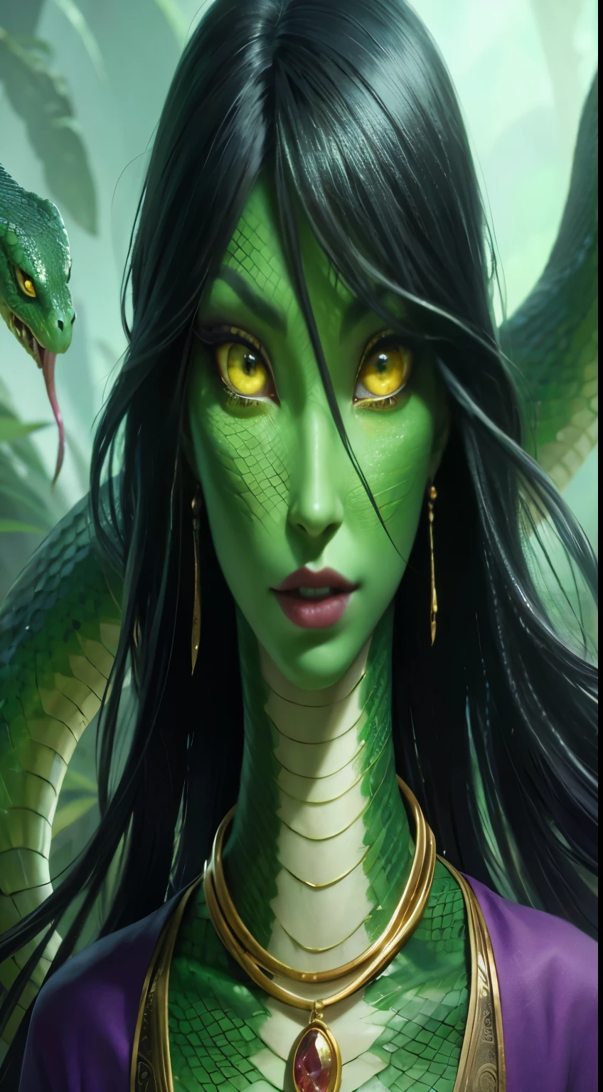 Yuan-ti, snake woman with green skin and scales, with long black straight hair, longated almond-shaped eyes with vertical pupil and yellow irises, mouth with pronounced canines and side cuts, gold necklace with a red stone, sorcerer, wearing a purple dress, fantasy portrait 2d