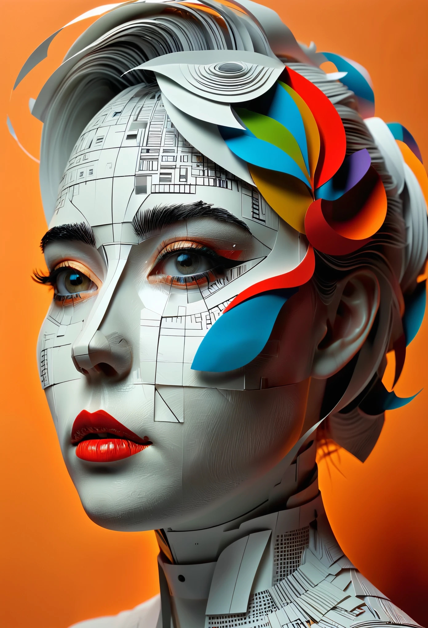 arafed image of a Zeitung with a paper cut out of a head, 3D portrait, komplizierte 3-D-Illustration, Zeitung illustration, detaillierter Kopf, 3D-Illutration, Zeitung photography, von Matt Stewart, auf Papier gedruckt, Zeitung, Detaillierte digitale 3D-Kunst, hyperdetailliertes Gesicht, inspiriert von Igor Morski, Zeitung style, aus Papier gemacht, Futuristische Typografie