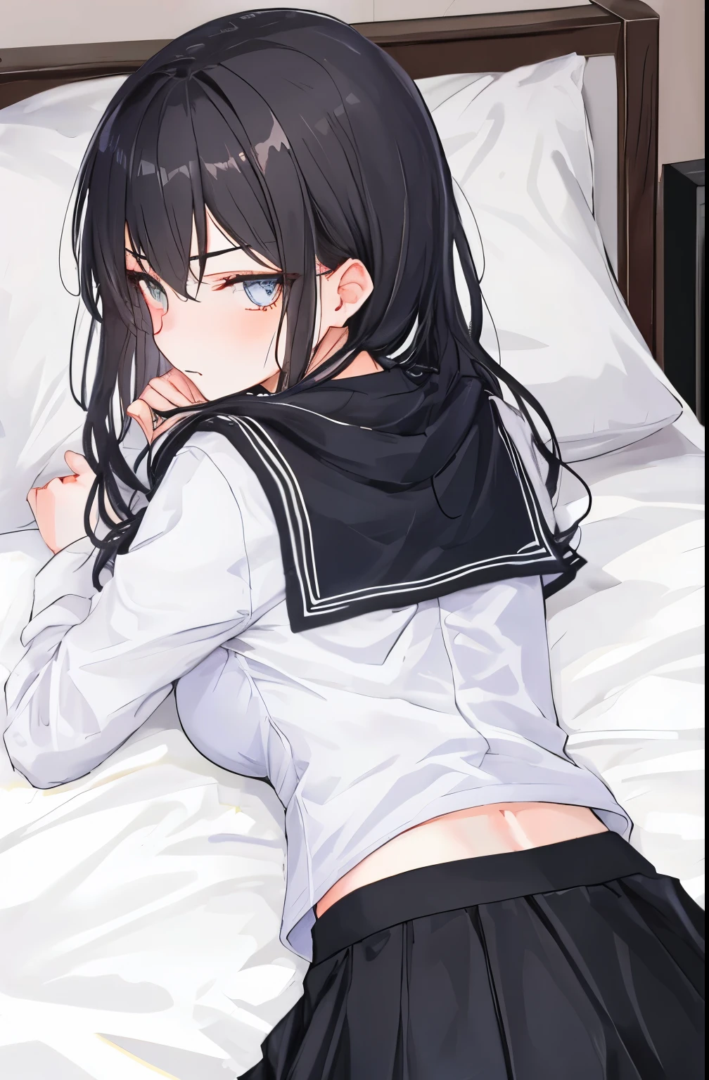 1 girl laying in bed, shirt + skirt, cold stare, back view, looking at viewer