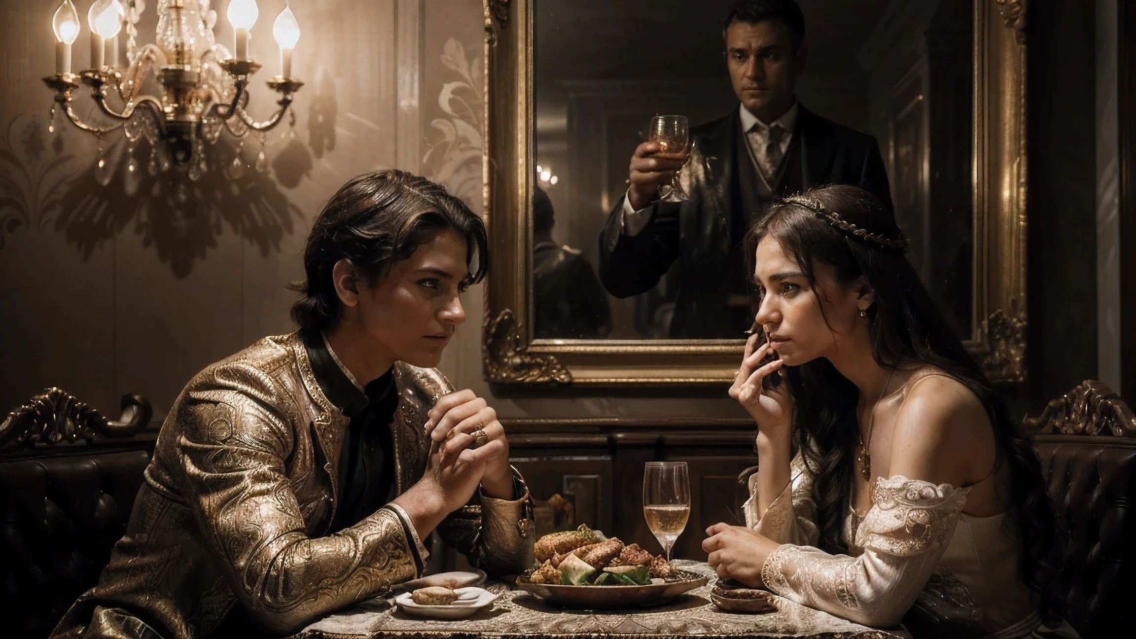 (best quality, highres:1.2, ultra-detailed, realistic:1.37), picture, reimagination of the masterpiece "The Dinner" where a Russian couple enjoys a lavish feast while Ukrainian refugees have the need to serve them, portraits, vibrant colors, war ambiance, wood tableware, old gold decor, intricate lace details, rich clothing, emotional expressions, simple dining hall, dramatic lighting, fine silverware, melancholy faces, contrast between luxury and poverty, secret glances, hidden emotions, a blend of opulence and tragedy