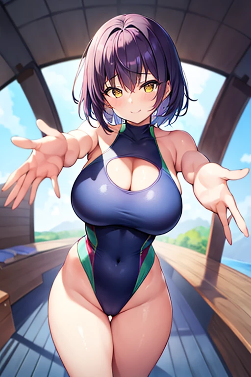 1girl, large breasts, breasts, wide hips, thick thighs, purple hair, short hair, very short hair, yellow eyes, one-piece swimsuit, blue swimsuit, competition swimsuit, black one-piece swimsuit, light smile, smile, hourglass figure, toned, toned female, tall, tall female, carry me, outstreched arms, outstreched hands, incoming hug, \o/, reaching towards viewer