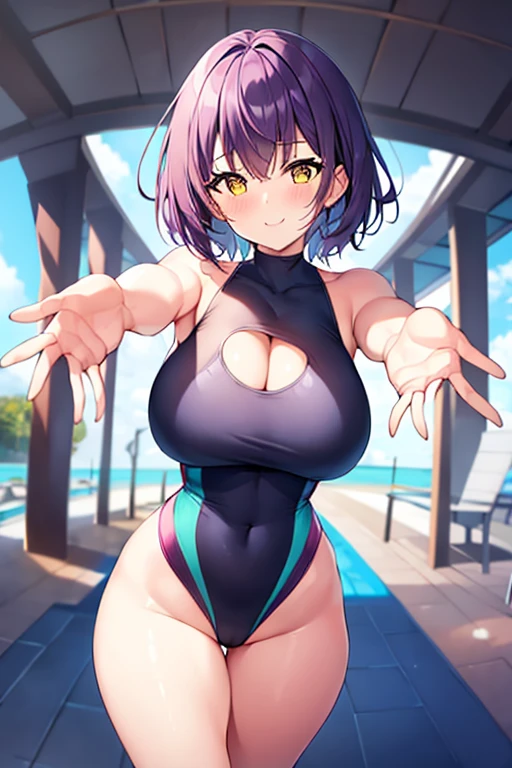 1girl, large breasts, breasts, wide hips, thick thighs, purple hair, short hair, very short hair, yellow eyes, one-piece swimsuit, blue swimsuit, competition swimsuit, black one-piece swimsuit, light smile, smile, hourglass figure, toned, toned female, tall, tall female, carry me, outstreched arms, outstreched hands, incoming hug, \o/, reaching towards viewer