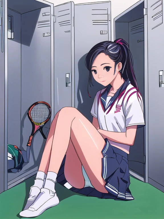 highest quality, ultra high resolution, (realistic: ),(A junior high school student wearing white tennis wear2people))(((Please open your legs a little)))full body portrait,locker room、Change of clothes,loose socks、Embroidered panties、Embroidered bra、ponytail、earrings、Pleated scoutini skirt