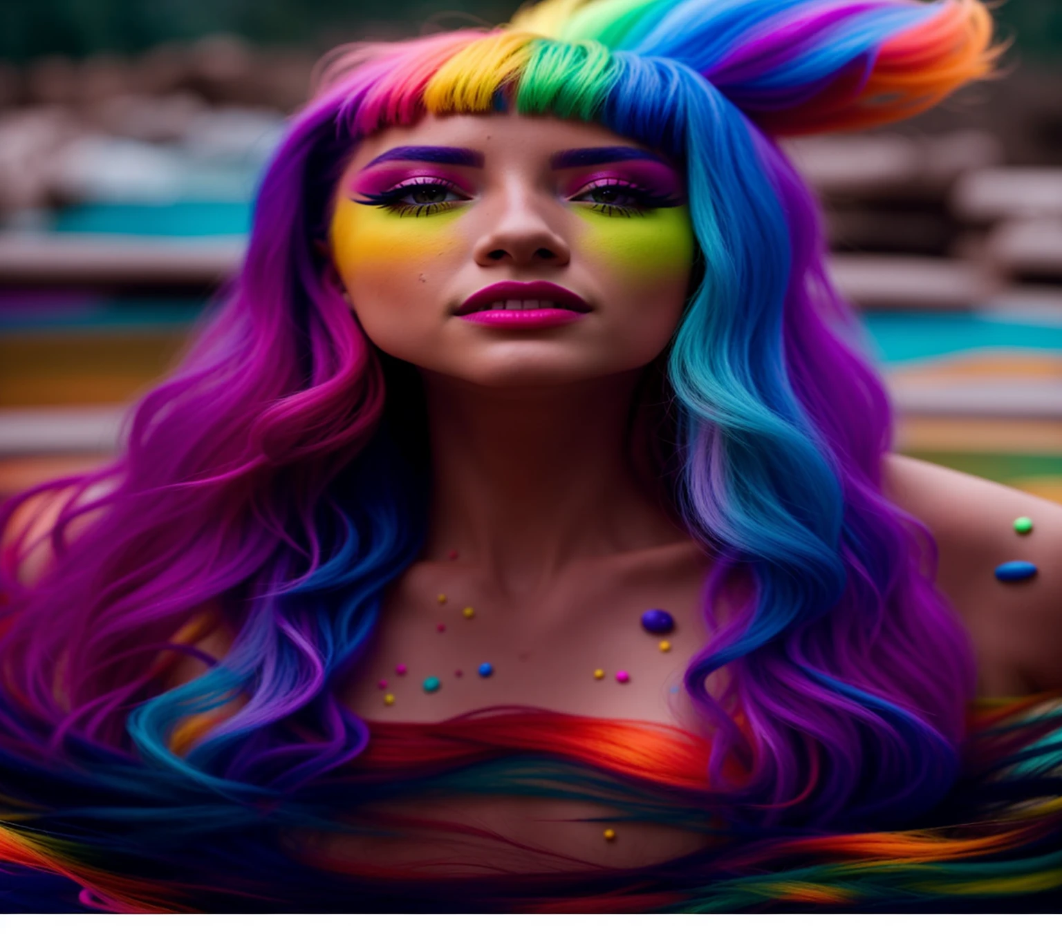 Outline of a Girl with long neon strands in her hair, body made of the galaxy endless, black background. Full body , front facing , eyes made of stars. Translucent