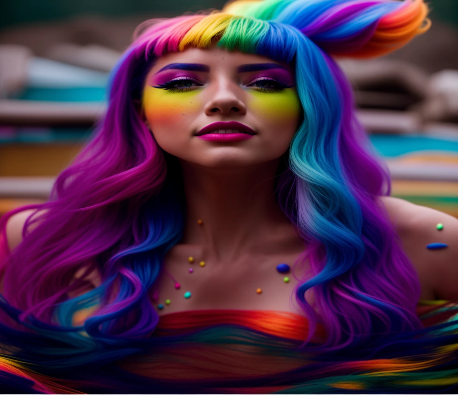 arafed woman with colorida hair and makeup in a pool, colorida photo, cabelos coloridos longos e brilhantes, colorida, 4k color photo portrait, cores ultravioleta e neon, colorida mood, colorida glow, cheio de cores, cores surreais, colorida and vibrant, cores vibrantes e mal-humoradas, cores vibrantes, glamour de cor de retrato, cosmic and colorida, colorida and dark, colorida colors