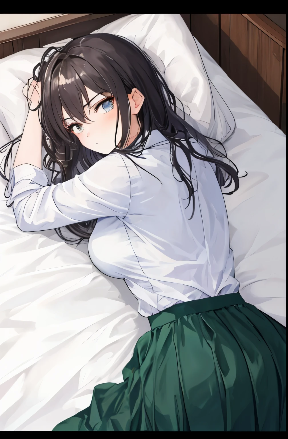 1 girl laying in bed, shirt + skirt, cold stare, back view, looking at viewer