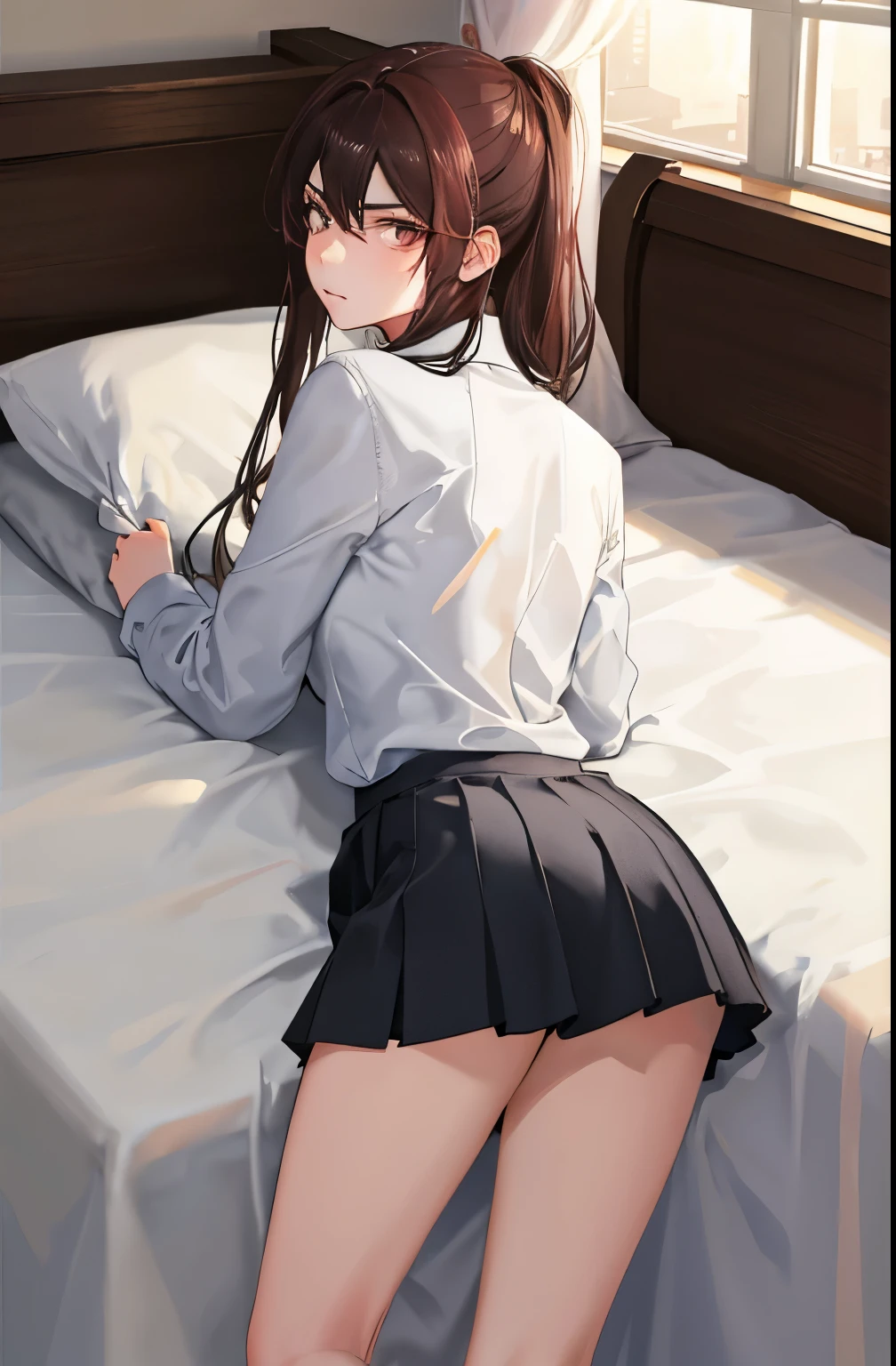 1 girl laying in bed, shirt + skirt, cold stare, back view, looking at viewer