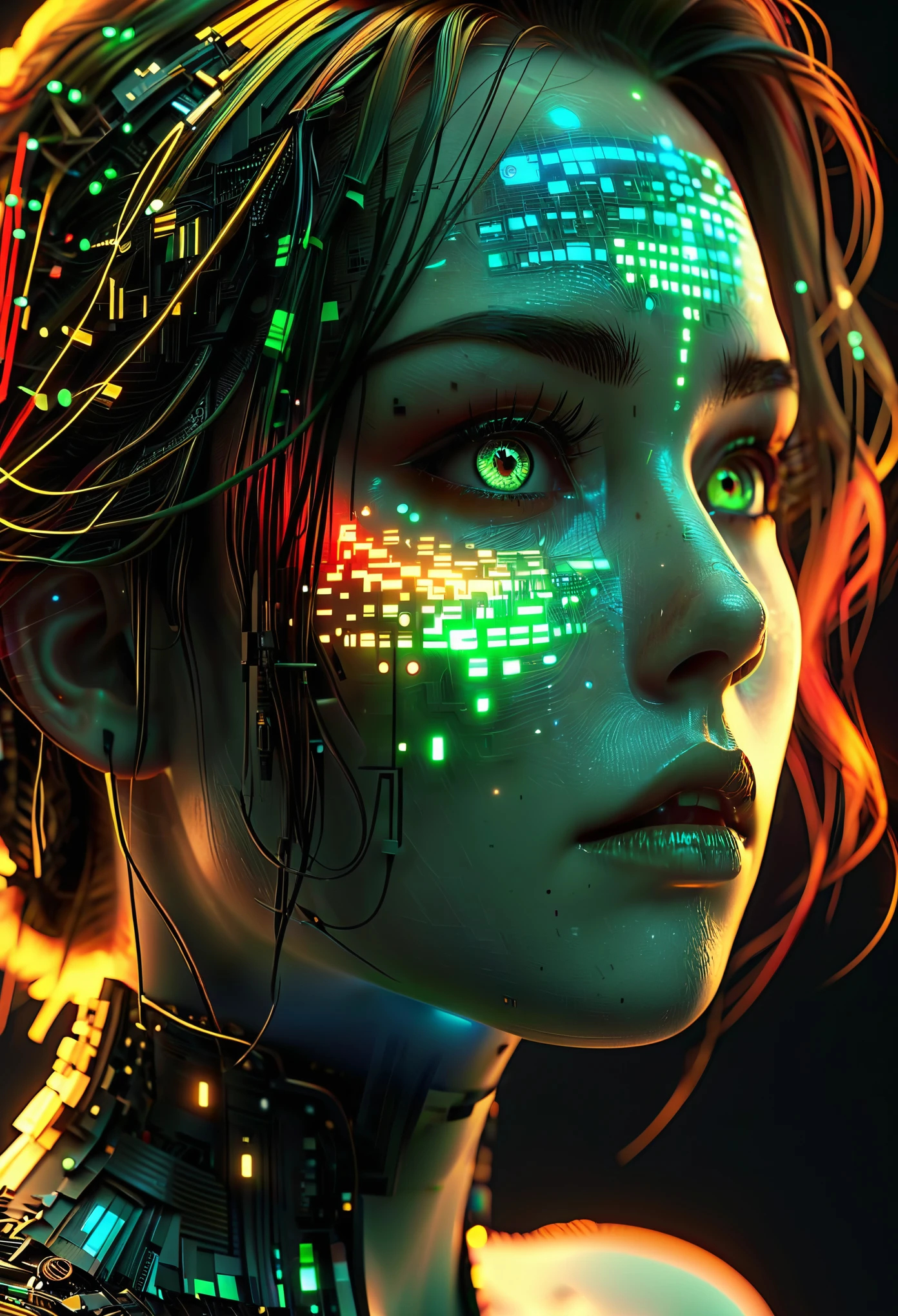 good quality, 8K Ultra HD, Stellen Sie sich eine lebendige Leinwand vor, which is illuminated by a cascade of colorful binary code, Sie bilden die Silhouette einer bezaubernden Frau, Die dynamischen Linien und Muster, erinnert an einen digitalen Tanz, verweben sich zu einer harmonischen Verschmelzung von Technologie und Kunst, The binary code, in shades, ranging from electric blues to bright reds to vibrant greens, haucht der Gestalt der Frau Leben ein, Ihre Silhouette entsteht als Synthese aus Digitalem und Organischem, a testament to the seamless integration of technology and beauty in your masterful creation, von Yukisakura, hochdetailliert,