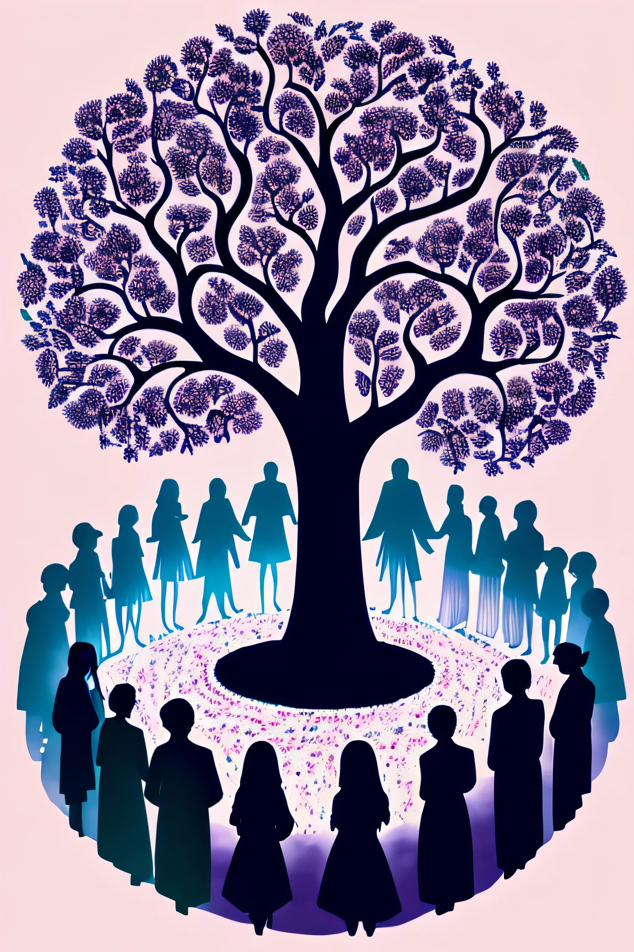 Create an image of a group of thirty-three people holding hands, twenty-six women and seven men, forming a circle around a large tree, the tree of life.
The tree is shaped like the letter T and has a heart right on top of the letter T.
This heart radiates colorful lights.
People are of different ages and races.
there is a man towards the tree.
The man in the direction of the tree has a light that surrounds his head, there is a blonde woman on his left side and another brunette on his right side, it is with them that the circle begins.
Women in white dresses of different sizes and models.
The men in white tunics and pants
All the people look happy and full with varied expressions on their faces.
Everyone is holding hands with the person next to them.


The tree that people form a circle around is a large, leafy tree with a thick trunk and a crown full of green leaves.
The ground around the base of the tree is covered in leaves and small grasses
There is a bright blue sky in the background and a moon that radiates a transparent bluish light looking like fog.

The group of people are carrying out an activity, a collective ritual.
They are meditating or praying together in gratitude for being part of this blessing of being special and helping other people.

Please create this image, with light pencil strokes forming the silhouettes of people and a soft watercolor painting.