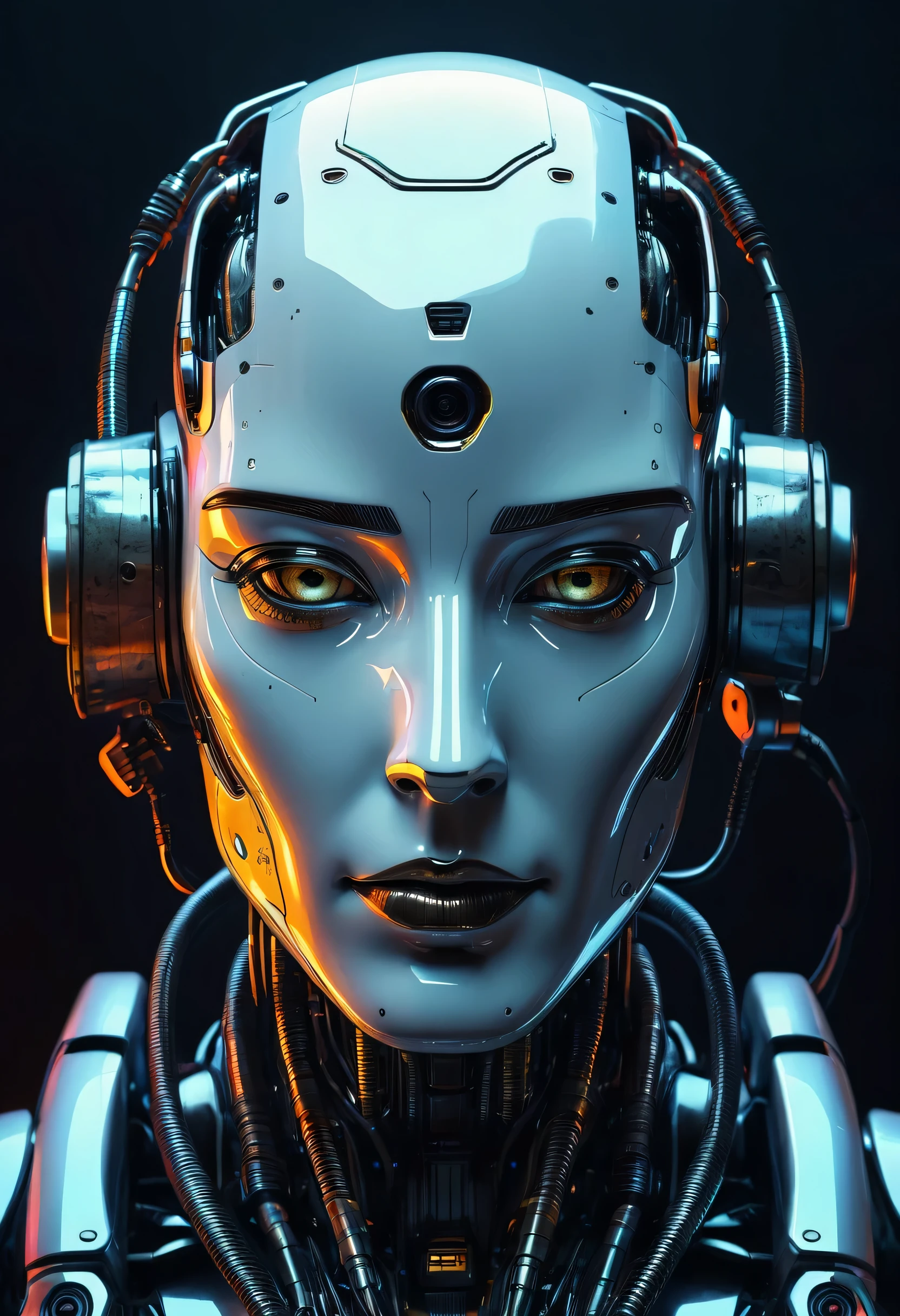a close up of a robot with a futuristic look on his face, Retrato de um androide, dark cyberpunk illustration, Retrato de um ciborgue cyberpunk, Retrato de um ciborgue espacial, Retrato detalhado de um ciborgue, estilo de arte cyberpunk, portrait of a cyberpunk machine, Retrato de um homem cyberpunk, deep cyberpunk mechanoid, psychedelic organic cyborg