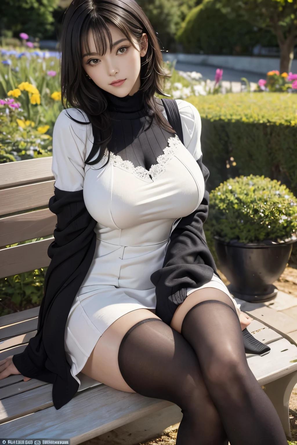Best quality at best, full-body portrait, Gorgeous Face, Pretty face, 20 years old woman, Slender body type, tiny boobs, OL Uniform, Office clothes, black tights, outdoor scene, sitting pose