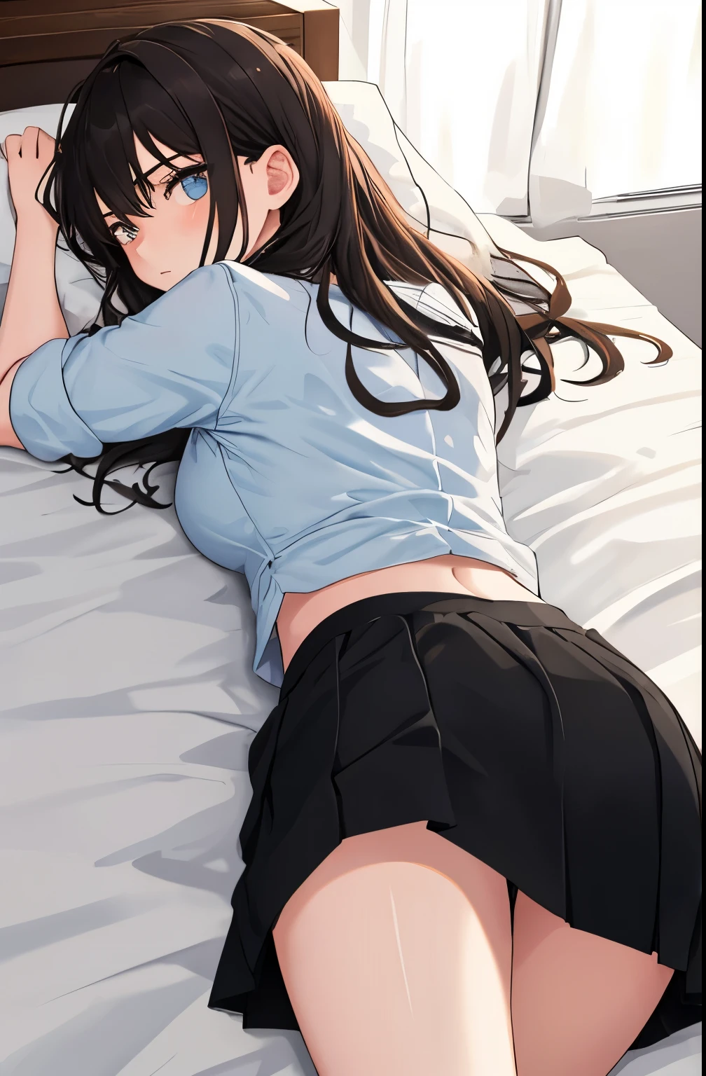 1 girl laying in bed, shirt + skirt, cold stare, back view, looking at viewer