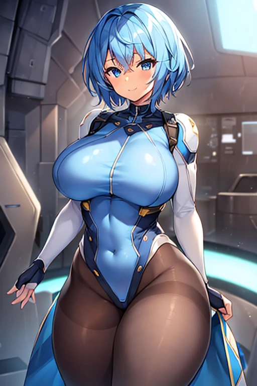 1girl, light skin, light-skinned female, light smile, smile, very short hair, happy, large breasts, breasts, wide hips, thick thighs, hourglass figure, mature female, toned, toned female, blue hair, blue eyes, bodysuit, futuristic, science-fiction, tech, machinery, black pantyhose, pantyhose, white bodysuit