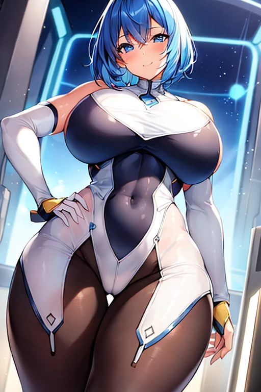 1girl, light skin, light-skinned female, light smile, smile, very short hair, happy, large breasts, breasts, wide hips, thick thighs, hourglass figure, mature female, toned, toned female, blue hair, blue eyes, bodysuit, futuristic, science-fiction, tech, machinery, black pantyhose, pantyhose, white bodysuit