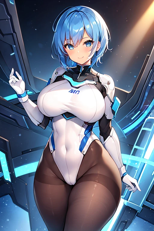 1girl, light skin, light-skinned female, light smile, smile, very short hair, happy, large breasts, breasts, wide hips, thick thighs, hourglass figure, mature female, toned, toned female, blue hair, blue eyes, bodysuit, futuristic, science-fiction, tech, machinery, black pantyhose, pantyhose, white bodysuit