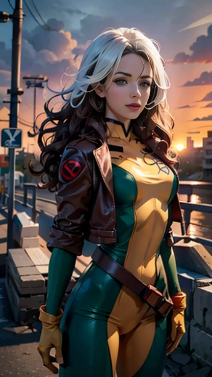 Amy Acker、Wet、full body figure, long hair, brown hair, green eyes, lipstick, compensate, lips,Emphasize cleavage、 sexy、White stripes in hair, like, wavy hair, messy hair, curly hair, middle～big breasts, Surface Plot, ((Kelli Berglund:Bailee Madison:0.5)), 黄colorのスーツ, Jacket, gloves, belt, gloves amarillos, Green Suit, (body suit:1.4), Traje multicolor, (superhero:1.4), tight skin, Ropa multicolor, Garden and wisteria background, official art, extremely detailed CG 8k wallpaper, perfect lighting, De color, bright_amount_method_light, piel bright, (masterpiece:1.0), (Better_quality:1.0), ultra high resolution, 4k , Super detailed, director of photography, 8k, HDR, Altas Resolightones, (disorganized:1.2), kodak portrait 400, film grain, blurred background, (Bokeh:1.2), Lens flare, (lively_color:1.2), professional photography, (beautiful_method:1.5),More detailed 8K.unreal engine:1.4,Hmm,La Better calidad:1.4, realistic:1.4, skin temperature:1.4, masterpiece:1.8,masterpiece, Better calidad,object object], (detailed facial features:1.3),(Antesedentes apocalyptic destroyed city:1.4), (Apocalyptic Sunset:1.4)