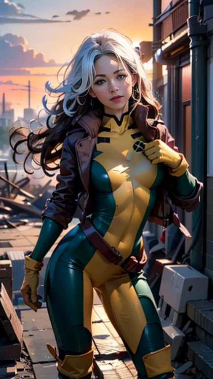Amy Acker、Wet、full body figure, long hair, brown hair, green eyes, lipstick, compensate, lips,Emphasize cleavage、 sexy、White stripes in hair, like, wavy hair, messy hair, curly hair, middle～big breasts, Surface Plot, ((Kelli Berglund:Bailee Madison:0.5)), 黄colorのスーツ, Jacket, gloves, belt, gloves amarillos, Green Suit, (body suit:1.4), Traje multicolor, (superhero:1.4), tight skin, Ropa multicolor, Garden and wisteria background, official art, extremely detailed CG 8k wallpaper, perfect lighting, De color, bright_amount_method_light, piel bright, (masterpiece:1.0), (Better_quality:1.0), ultra high resolution, 4k , Super detailed, director of photography, 8k, HDR, Altas Resolightones, (disorganized:1.2), kodak portrait 400, film grain, blurred background, (Bokeh:1.2), Lens flare, (lively_color:1.2), professional photography, (beautiful_method:1.5),More detailed 8K.unreal engine:1.4,Hmm,La Better calidad:1.4, realistic:1.4, skin temperature:1.4, masterpiece:1.8,masterpiece, Better calidad,object object], (detailed facial features:1.3),(Antesedentes apocalyptic destroyed city:1.4), (Apocalyptic Sunset:1.4)