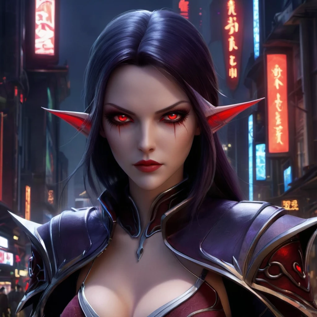 red eyes, sylvanas_windrunner, cinewow, 1girl, elf, will be depicted in the futuristic world of "Aeon Flux". The artwork will be created using the medium of digital illustration. The image quality should be at its best, with a resolution of 4k or 8k. It should be ultra-detailed and have a realistic, photorealistic appearance. The colors should be vivid and the lighting should be carefully designed to enhance the overall atmosphere of the scene. In the artwork,red eyes, sylvanas_windrunner, cinewow, 1girl, elf, character will be portrayed with beautiful, detailed eyes and lips. Her face will be extremely detailed, capturing her unique features and expressions. She will be shown in a dynamic pose, reflecting her strong and confident personality. The background will be a futuristic cityscape, showcasing the sci-fi elements of the "Aeon Flux" universe. The city will be presented in a dark and moody color palette, with neon lights illuminating the streets. The composition will have a strong sense of depth, with layers of buildings and structures creating a visually striking image. The artwork will have a professional and polished look, with sharp focus and ultra-fine painting details. The use of HDR and studio lighting will further enhance the realism of the scene. The overall style of the artwork will be influenced by concept artists, combining elements of science fiction and dystopia. The final result should be a masterpiece that captures the essence of "Aeon Flux" and portrayal of the red eyes, sylvanas_windrunner, cinewow, 1girl, elf, iconic character.