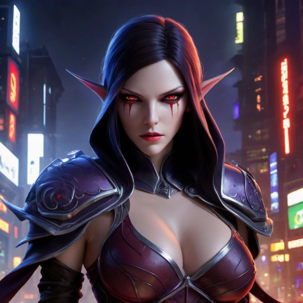 red eyes, sylvanas_windrunner, sylv-lora, 1girl, elf, will be depicted in the futuristic world of "Aeon Flux". The artwork will be created using the medium of digital illustration. The image quality should be at its best, with a resolution of 4k or 8k. It should be ultra-detailed and have a realistic, photorealistic appearance. The colors should be vivid and the lighting should be carefully designed to enhance the overall atmosphere of the scene.

In the artwork,red eyes, sylvanas_windrunner, sylv-lora, 1girl, elf, character will be portrayed with beautiful, detailed eyes and lips. Her face will be extremely detailed, capturing her unique features and expressions. She will be shown in a dynamic pose, reflecting her strong and confident personality. The background will be a futuristic cityscape, showcasing the sci-fi elements of the "Aeon Flux" universe. The city will be presented in a dark and moody color palette, with neon lights illuminating the streets. The composition will have a strong sense of depth, with layers of buildings and structures creating a visually striking image.

The artwork will have a professional and polished look, with sharp focus and ultra-fine painting details. The use of HDR and studio lighting will further enhance the realism of the scene. The overall style of the artwork will be influenced by concept artists, combining elements of science fiction and dystopia. The final result should be a masterpiece that captures the essence of "Aeon Flux" and portrayal of the red eyes, sylvanas_windrunner, sylv-lora, 1girl, elf,  iconic character.