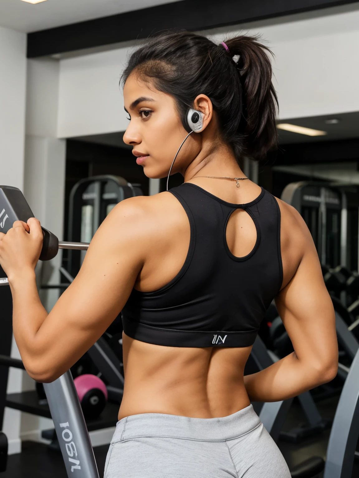 Tamil girl, tank top, slim fit body, broad shoulders, well built muscles, hourglass figure, ponytail, headphones, skipping inside a ultra technology gym