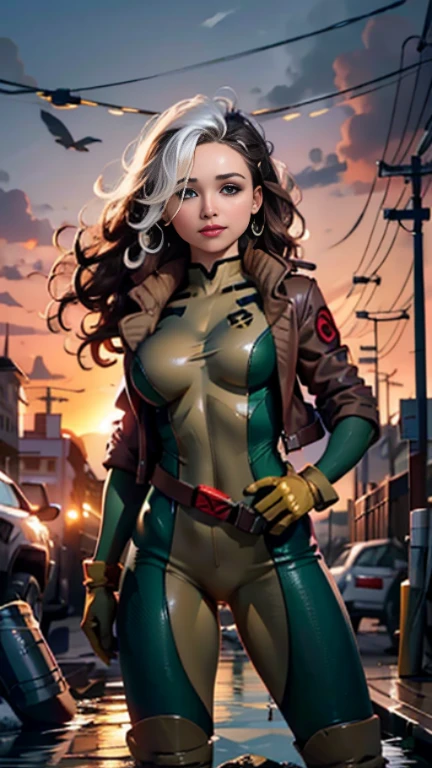 Hayden Panettiere、Wet、full body figure, long hair, brown hair, green eyes, lipstick, compensate, lips,Emphasize cleavage、 sexy、White stripes in hair, like, wavy hair, messy hair, curly hair, middle～big breasts, Surface Plot, ((Kelli Berglund:Bailee Madison:0.5)), 黄colorのスーツ, Jacket, gloves, belt, gloves amarillos, Green Suit, (body suit:1.4), Traje multicolor, (superhero:1.4), tight skin, Ropa multicolor, Garden and wisteria background, official art, extremely detailed CG 8k wallpaper, perfect lighting, De color, bright_amount_method_light, piel bright, (masterpiece:1.0), (Better_quality:1.0), ultra high resolution, 4k , Super detailed, director of photography, 8k, HDR, Altas Resolightones, (disorganized:1.2), kodak portrait 400, film grain, blurred background, (Bokeh:1.2), Lens flare, (lively_color:1.2), professional photography, (beautiful_method:1.5),More detailed 8K.unreal engine:1.4,Hmm,La Better calidad:1.4, realistic:1.4, skin temperature:1.4, masterpiece:1.8,masterpiece, Better calidad,object object], (detailed facial features:1.3),(Antesedentes apocalyptic destroyed city:1.4), (Apocalyptic Sunset:1.4)