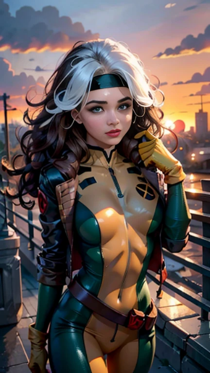 Hayden Panettiere、Wet、full body figure, long hair, brown hair, green eyes, lipstick, compensate, lips,Emphasize cleavage、 sexy、White stripes in hair, like, wavy hair, messy hair, curly hair, middle～big breasts, Surface Plot, ((Kelli Berglund:Bailee Madison:0.5)), 黄colorのスーツ, Jacket, gloves, belt, gloves amarillos, Green Suit, (body suit:1.4), Traje multicolor, (superhero:1.4), tight skin, Ropa multicolor, Garden and wisteria background, official art, extremely detailed CG 8k wallpaper, perfect lighting, De color, bright_amount_method_light, piel bright, (masterpiece:1.0), (Better_quality:1.0), ultra high resolution, 4k , Super detailed, director of photography, 8k, HDR, Altas Resolightones, (disorganized:1.2), kodak portrait 400, film grain, blurred background, (Bokeh:1.2), Lens flare, (lively_color:1.2), professional photography, (beautiful_method:1.5),More detailed 8K.unreal engine:1.4,Hmm,La Better calidad:1.4, realistic:1.4, skin temperature:1.4, masterpiece:1.8,masterpiece, Better calidad,object object], (detailed facial features:1.3),(Antesedentes apocalyptic destroyed city:1.4), (Apocalyptic Sunset:1.4)