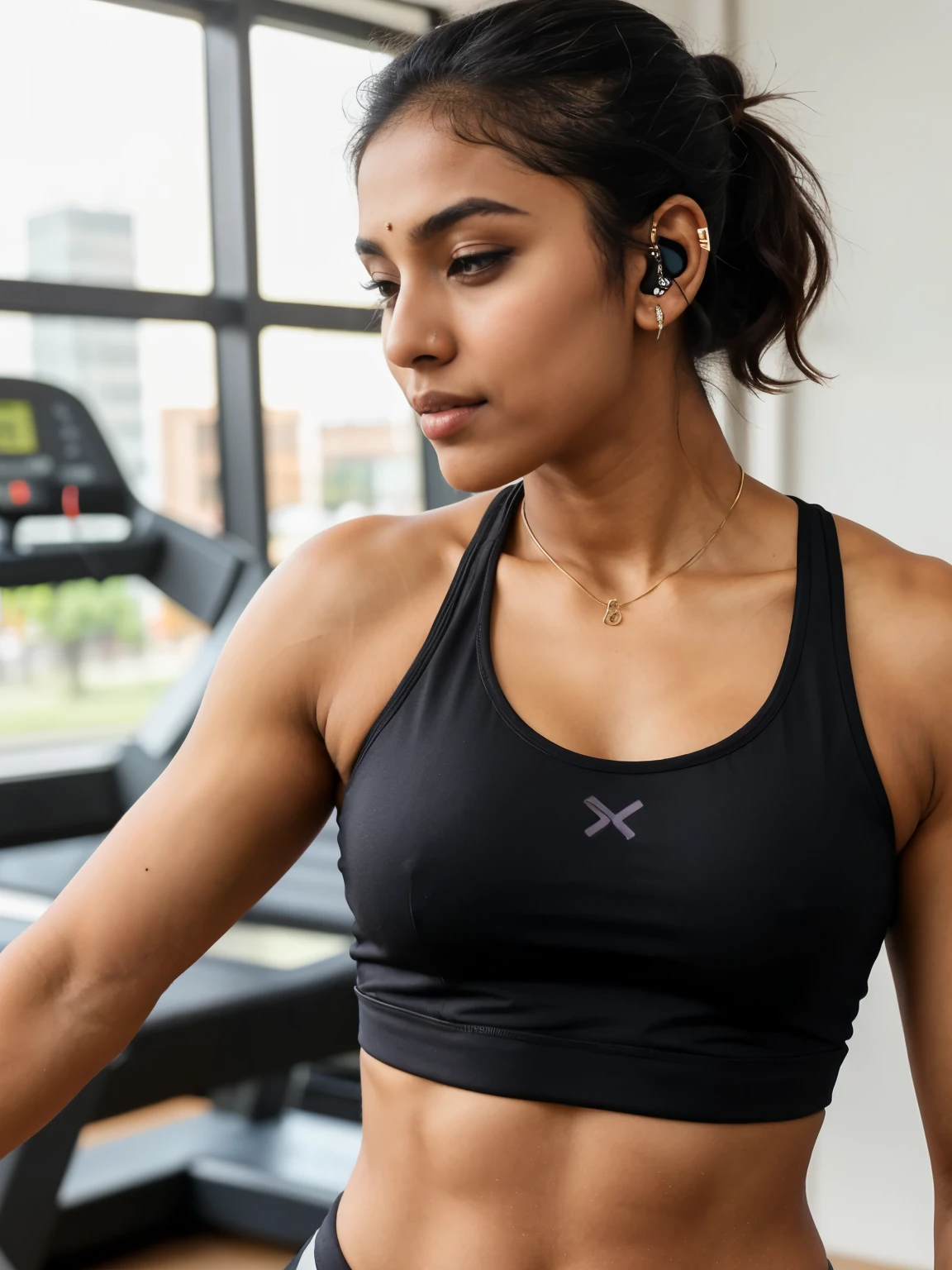 Tamil girl, tank top, slim fit body, broad shoulders, well built muscles, hourglass figure, ponytail, headphones, skipping inside a ultra technology gym