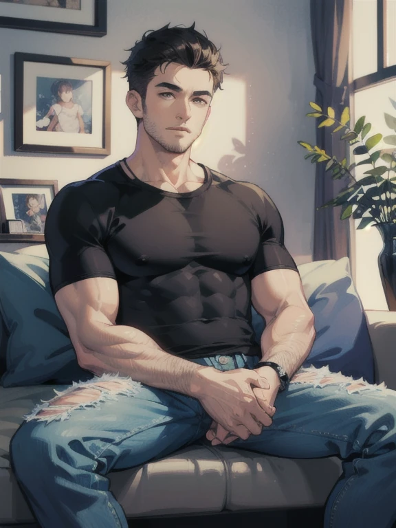insecure dad, in his 30s, 5 oclock shadow, shirt, jeans, handsome, in mancave