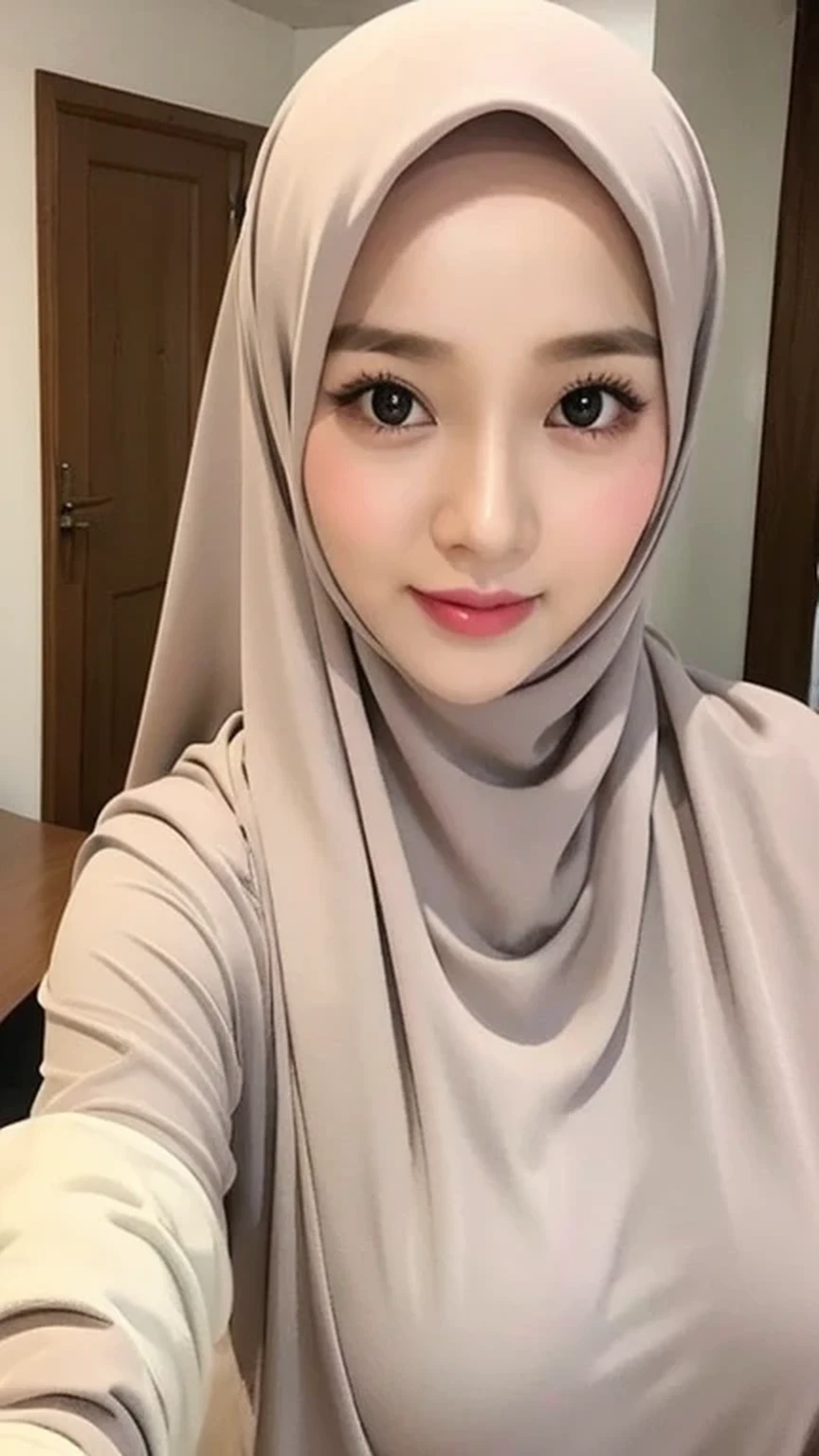 Beautuful Women、hijab, indonesian, a room、selfee、White Room、cute、ultra detailed face, 8K、1 girl, big breasts