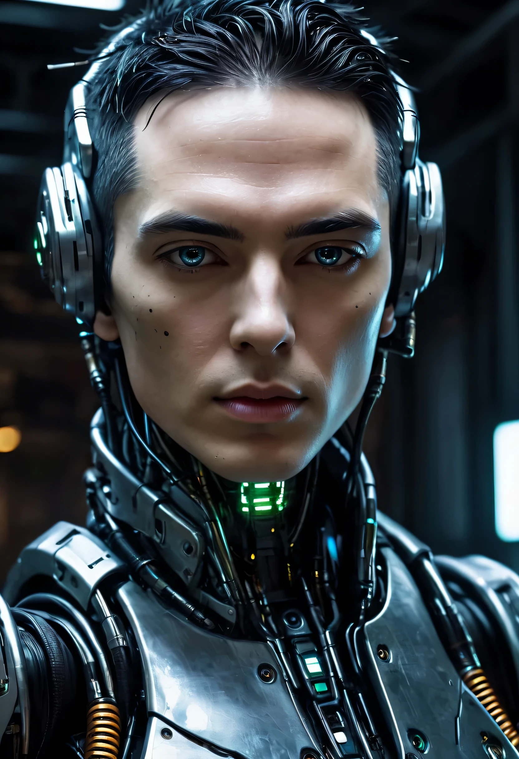 a close up of a robot with a futuristic look on his face, Retrato de um androide, dark cyberpunk illustration, Retrato de um ciborgue cyberpunk, Retrato de um ciborgue espacial, Retrato detalhado de um ciborgue, estilo de arte cyberpunk, portrait of a cyberpunk machine, Retrato de um homem cyberpunk, deep cyberpunk mechanoid, psychedelic organic cyborg