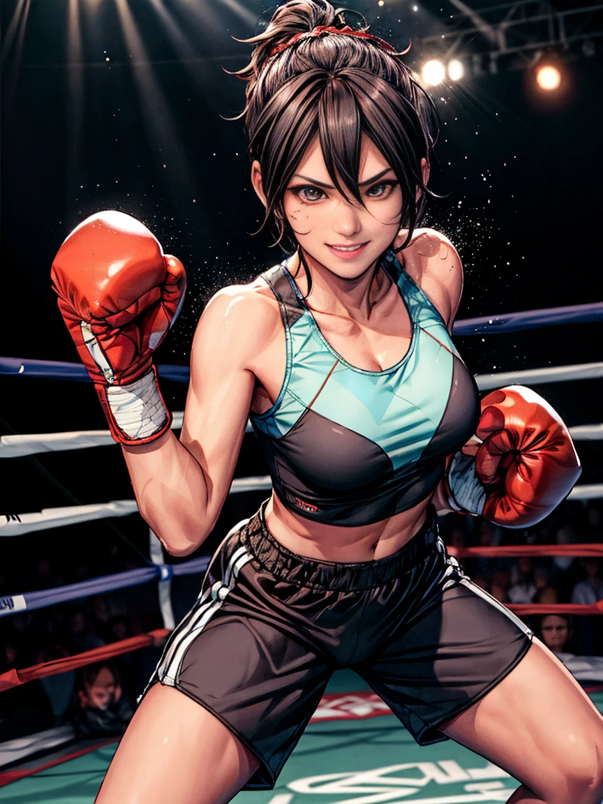 Professional female bantamweight boxers、Wearing a tight-fitting tank top and short running pants, clenching his fist、With a confident smile, he clenches his fist and attacks the viewer.、In dynamic poses、boxing ring、During a boxing match、The crowd is gathering。