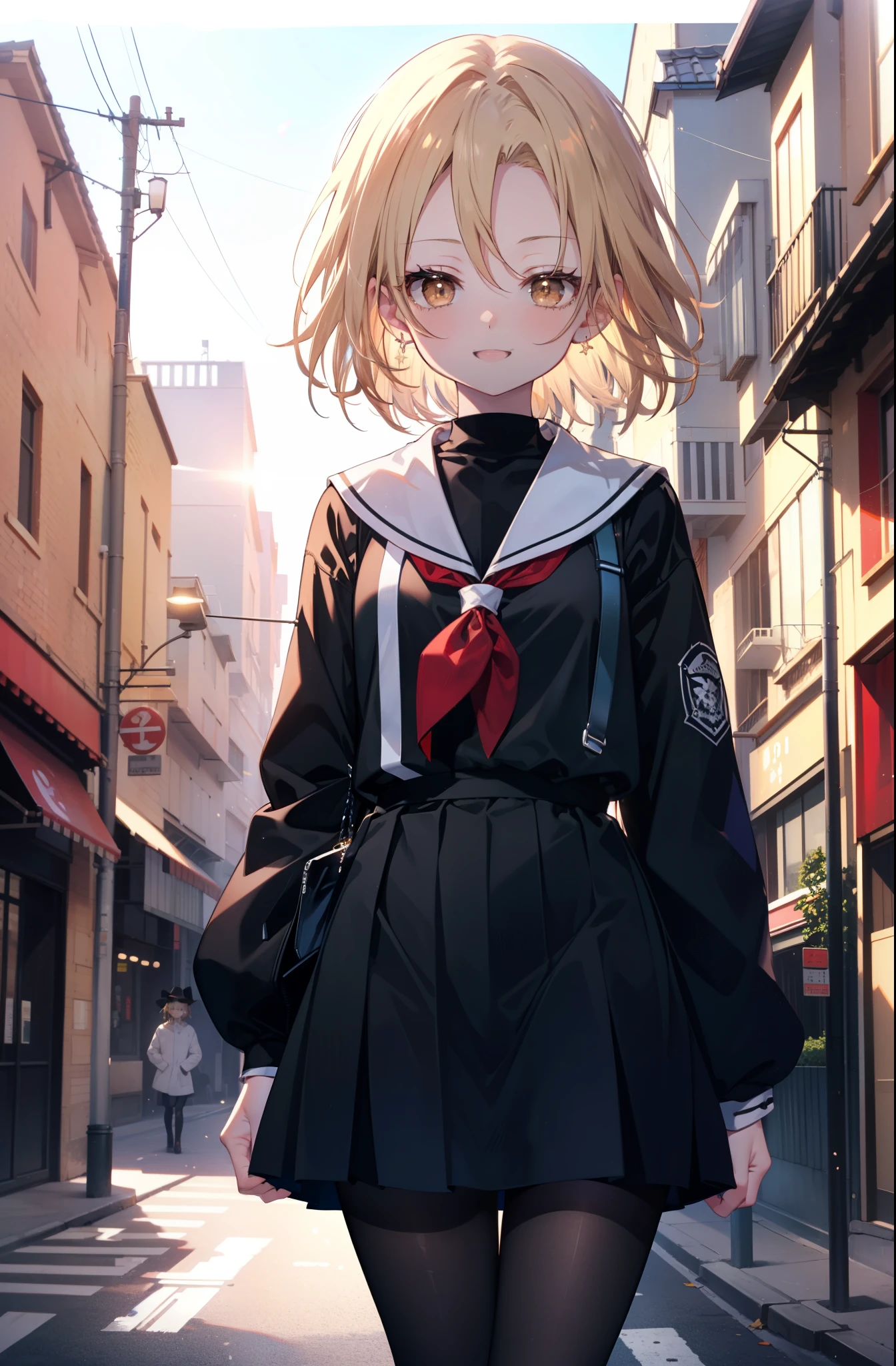 annakyouyama, anna kyouyama, blonde hair, short hair, (brown eyes:1.7),happy smile, smile, open your mouth,Black long-sleeved sailor suit,black pleated skirt,white pantyhose,black loafers,walking,morning,morning日,太陽が登っている
break looking at viewer, whole body,(cowboy shot:1.5),
break outdoors, city,building street,
break (masterpiece:1.2), highest quality, High resolution, unity 8k wallpaper, (shape:0.8), (fine and beautiful eyes:1.6), highly detailed face, perfect lighting, Very detailed CG, (perfect hands, perfect anatomy),