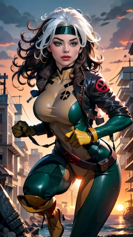 margot robbie、Wet、full body figure, long hair, brown hair, green eyes, lipstick, compensate, lips,Emphasize cleavage、 sexy、White stripes in hair, like, wavy hair, messy hair, curly hair, middle～big breasts, Surface Plot, ((Kelli Berglund:Bailee Madison:0.5)), 黄colorのスーツ, Jacket, gloves, belt, gloves amarillos, Green Suit, (body suit:1.4), Traje multicolor, (superhero:1.4), tight skin, Ropa multicolor, Garden and wisteria background, official art, extremely detailed CG 8k wallpaper, perfect lighting, De color, bright_amount_method_light, piel bright, (masterpiece:1.0), (Better_quality:1.0), ultra high resolution, 4k , Super detailed, director of photography, 8k, HDR, Altas Resolightones, (disorganized:1.2), kodak portrait 400, film grain, blurred background, (Bokeh:1.2), Lens flare, (lively_color:1.2), professional photography, (beautiful_method:1.5),More detailed 8K.unreal engine:1.4,Hmm,La Better calidad:1.4, realistic:1.4, skin temperature:1.4, masterpiece:1.8,masterpiece, Better calidad,object object], (detailed facial features:1.3),(Antesedentes apocalyptic destroyed city:1.4), (Apocalyptic Sunset:1.4)