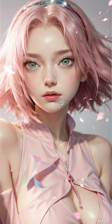 young woman, short shoulder-length pink hair, wide forehead, porcelain skin, pink eyebrows, big emerald green eyes, buttoned nose, full lips, heart-shaped face, slender body, small breasts, red tank top, Sakura Haruno , realistic, realism, details, 3d, well detailed