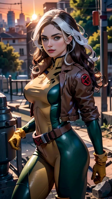 keira knightley、Wet、full body figure, long hair, brown hair, green eyes, lipstick, compensate, lips,Emphasize cleavage、 sexy、White stripes in hair, like, wavy hair, messy hair, curly hair, middle～big breasts, Surface Plot, ((Kelli Berglund:Bailee Madison:0.5)), 黄colorのスーツ, Jacket, gloves, belt, gloves amarillos, Green Suit, (body suit:1.4), Traje multicolor, (superhero:1.4), tight skin, Ropa multicolor, Garden and wisteria background, official art, extremely detailed CG 8k wallpaper, perfect lighting, De color, bright_amount_method_light, piel bright, (masterpiece:1.0), (Better_quality:1.0), ultra high resolution, 4k , Super detailed, director of photography, 8k, HDR, Altas Resolightones, (disorganized:1.2), kodak portrait 400, film grain, blurred background, (Bokeh:1.2), Lens flare, (lively_color:1.2), professional photography, (beautiful_method:1.5),More detailed 8K.unreal engine:1.4,Hmm,La Better calidad:1.4, realistic:1.4, skin temperature:1.4, masterpiece:1.8,masterpiece, Better calidad,object object], (detailed facial features:1.3),(Antesedentes apocalyptic destroyed city:1.4), (Apocalyptic Sunset:1.4)