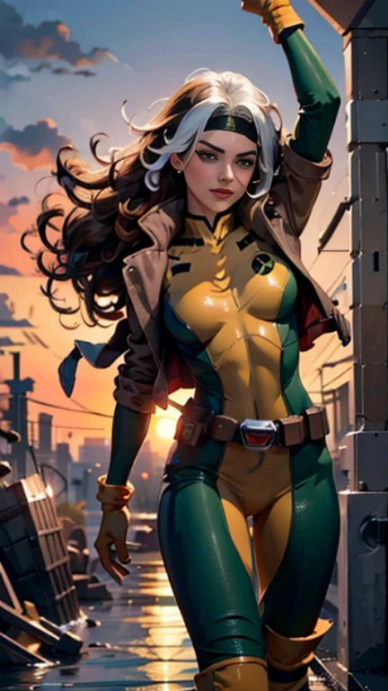 keira knightley、Wet、full body figure, long hair, brown hair, green eyes, lipstick, compensate, lips,Emphasize cleavage、 sexy、White stripes in hair, like, wavy hair, messy hair, curly hair, middle～big breasts, Surface Plot, ((Kelli Berglund:Bailee Madison:0.5)), 黄colorのスーツ, Jacket, gloves, belt, gloves amarillos, Green Suit, (body suit:1.4), Traje multicolor, (superhero:1.4), tight skin, Ropa multicolor, Garden and wisteria background, official art, extremely detailed CG 8k wallpaper, perfect lighting, De color, bright_amount_method_light, piel bright, (masterpiece:1.0), (Better_quality:1.0), ultra high resolution, 4k , Super detailed, director of photography, 8k, HDR, Altas Resolightones, (disorganized:1.2), kodak portrait 400, film grain, blurred background, (Bokeh:1.2), Lens flare, (lively_color:1.2), professional photography, (beautiful_method:1.5),More detailed 8K.unreal engine:1.4,Hmm,La Better calidad:1.4, realistic:1.4, skin temperature:1.4, masterpiece:1.8,masterpiece, Better calidad,object object], (detailed facial features:1.3),(Antesedentes apocalyptic destroyed city:1.4), (Apocalyptic Sunset:1.4)