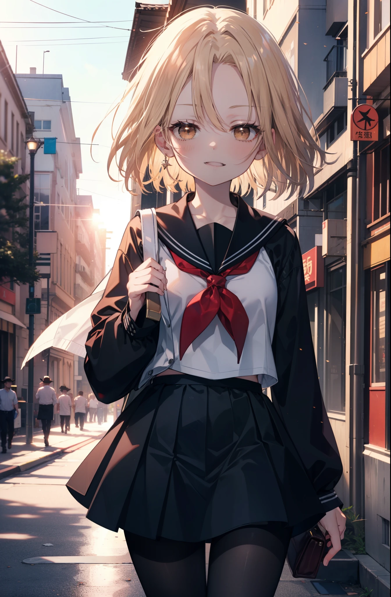 annakyouyama, anna kyouyama, blonde hair, short hair, (brown eyes:1.7),happy smile, smile, open your mouth,Black long-sleeved sailor suit,black pleated skirt,white pantyhose,black loafers,walking,morning,morning日,太陽が登っている
break looking at viewer, whole body,(cowboy shot:1.5),
break outdoors, city,building street,
break (masterpiece:1.2), highest quality, High resolution, unity 8k wallpaper, (shape:0.8), (fine and beautiful eyes:1.6), highly detailed face, perfect lighting, Very detailed CG, (perfect hands, perfect anatomy),