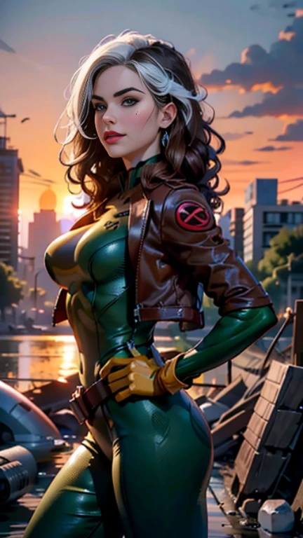 daisy ridley、Wet、full body figure, long hair, brown hair, green eyes, lipstick, compensate, lips,Emphasize cleavage、 sexy、White stripes in hair, like, wavy hair, messy hair, curly hair, middle～big breasts, Surface Plot, ((Kelli Berglund:Bailee Madison:0.5)), 黄colorのスーツ, Jacket, gloves, belt, gloves amarillos, Green Suit, (body suit:1.4), Traje multicolor, (superhero:1.4), tight skin, Ropa multicolor, Garden and wisteria background, official art, extremely detailed CG 8k wallpaper, perfect lighting, De color, bright_amount_method_light, piel bright, (masterpiece:1.0), (Better_quality:1.0), ultra high resolution, 4k , Super detailed, director of photography, 8k, HDR, Altas Resolightones, (disorganized:1.2), kodak portrait 400, film grain, blurred background, (Bokeh:1.2), Lens flare, (lively_color:1.2), professional photography, (beautiful_method:1.5),More detailed 8K.unreal engine:1.4,Hmm,La Better calidad:1.4, realistic:1.4, skin temperature:1.4, masterpiece:1.8,masterpiece, Better calidad,object object], (detailed facial features:1.3),(Antesedentes apocalyptic destroyed city:1.4), (Apocalyptic Sunset:1.4)