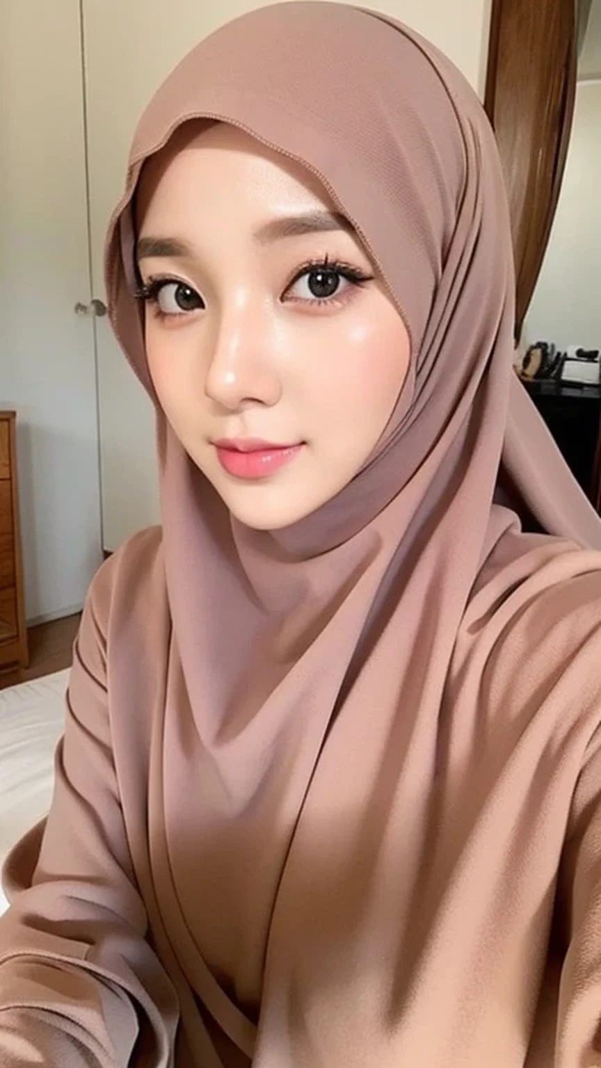 Beautuful Women、hijab, indonesian, a room、selfee、White Room、cute、ultra detailed face, 8K、1 girl, big breasts, brown, soft