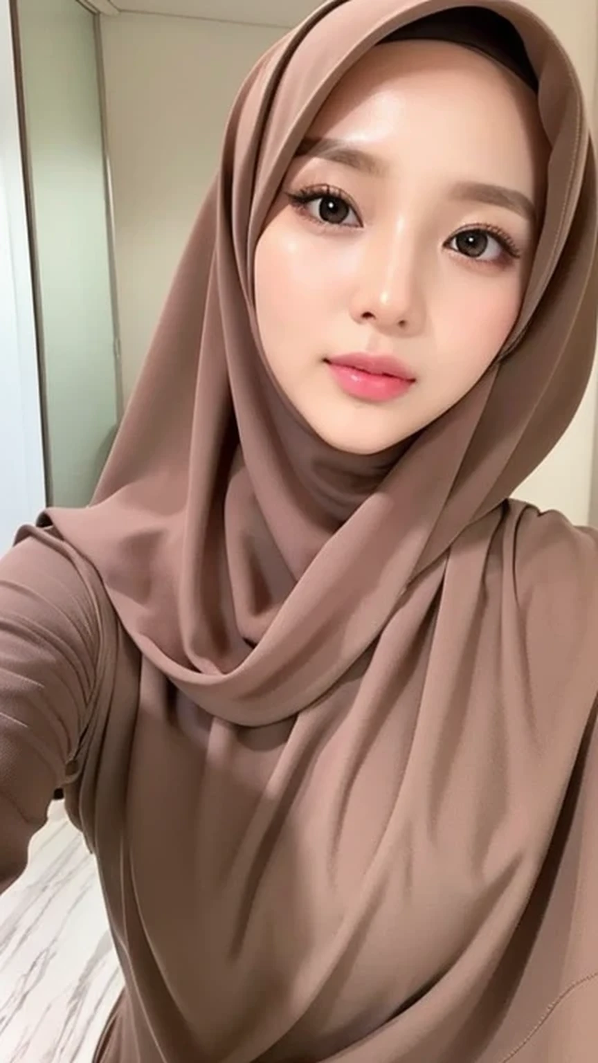 Beautuful Women、hijab, indonesian, a room、selfee、White Room、cute、ultra detailed face, 8K、1 girl, big breasts, brown, soft