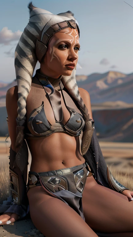 AHSOKA, as Slave Leia, Star Wars, braided pigtails, dark brown hair, (brown pantyhose legs:1.2), low wedge heel booties, (huge breasts:1.2), (small hips), small butt, thin, skinny, fit, short, athletic, emphasis on her legs and feet, highly detailed face, dark eye makeup, beautiful, highly attractive, highly detailed skin, full body view, I can see head to toe, photorealistic, masterpiece, intricate details, HDR, 8k, backdrop of a desolate desert