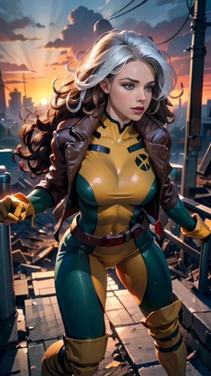 Kristen Bell、Wet、full body figure, long hair, brown hair, green eyes, lipstick, compensate, lips,Emphasize cleavage、 sexy、White stripes in hair, like, wavy hair, messy hair, curly hair, middle～big breasts, Surface Plot, ((Kelli Berglund:Bailee Madison:0.5)), 黄colorのスーツ, Jacket, gloves, belt, gloves amarillos, Green Suit, (body suit:1.4), Traje multicolor, (superhero:1.4), tight skin, Ropa multicolor, Garden and wisteria background, official art, extremely detailed CG 8k wallpaper, perfect lighting, De color, bright_amount_method_light, piel bright, (masterpiece:1.0), (Better_quality:1.0), ultra high resolution, 4k , Super detailed, director of photography, 8k, HDR, Altas Resolightones, (disorganized:1.2), kodak portrait 400, film grain, blurred background, (Bokeh:1.2), Lens flare, (lively_color:1.2), professional photography, (beautiful_method:1.5),More detailed 8K.unreal engine:1.4,Hmm,La Better calidad:1.4, realistic:1.4, skin temperature:1.4, masterpiece:1.8,masterpiece, Better calidad,object object], (detailed facial features:1.3),(Antesedentes apocalyptic destroyed city:1.4), (Apocalyptic Sunset:1.4)