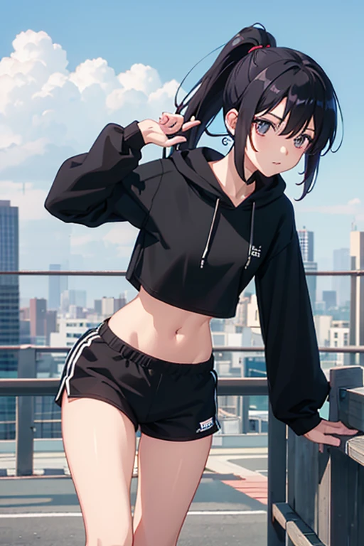 very good image, a cute beautiful anime tomboy girl, long black hair, ponytail, black crop top hoodie, black training pants, city(hd view), high quality, high details