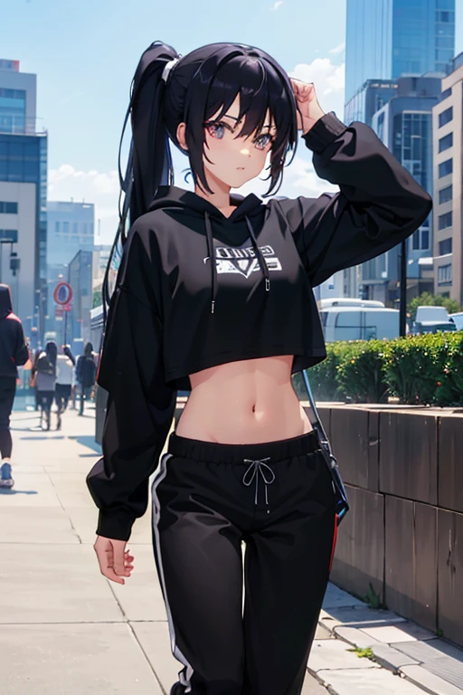 very good image, a cute beautiful anime tomboy girl, long black hair, ponytail, black crop top hoodie, black training pants, city(hd view), high quality, high details