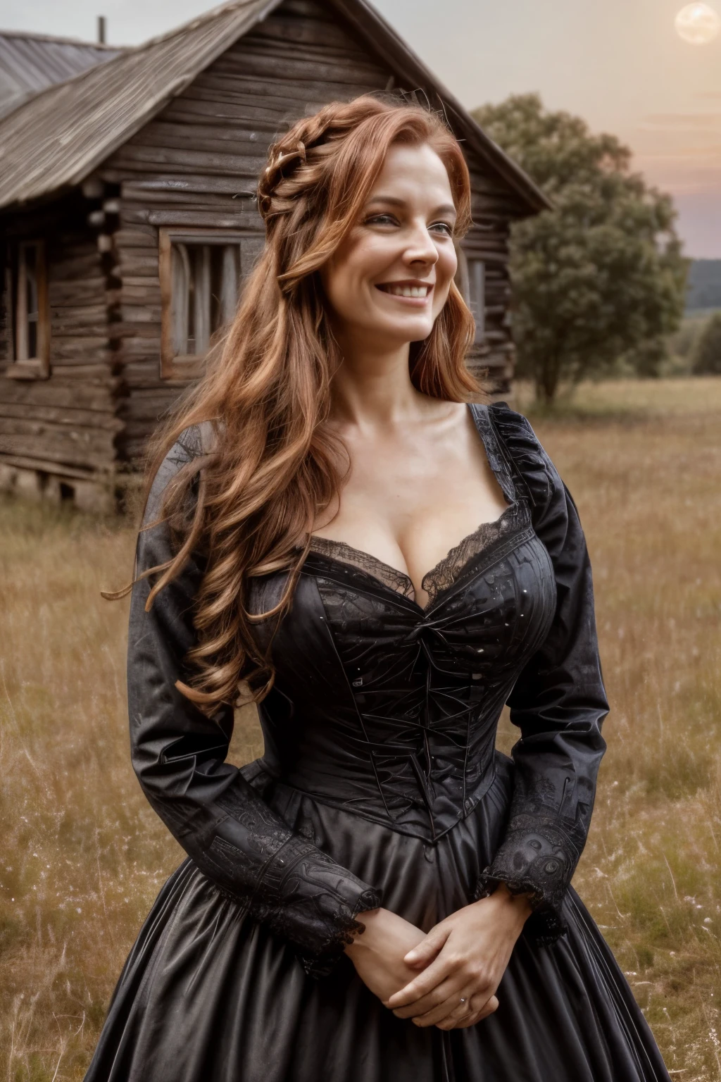 8k, highly detailed, masterpiece, full body portrayal 40-year-old woman, looking to sky with laugh and joy face expression, (extremely detailed face) wearing Victorian-era black dress (highly detailed dress), focus on dress details, wide neckline, long hair, redhead, messy hair, pale skin, (slim body), huge round sagging breasts, (big breasts), night surroundings outside, posing standing outside a field with full moon night and creepy old wood cabin in the background. Clean face, dress with a wide neckline, (extremely detailed), eyes with realistic texture, (highly detailed skin: 1.2), 8k HD, DSLR, dramatic lighting, shadows cast, high quality
