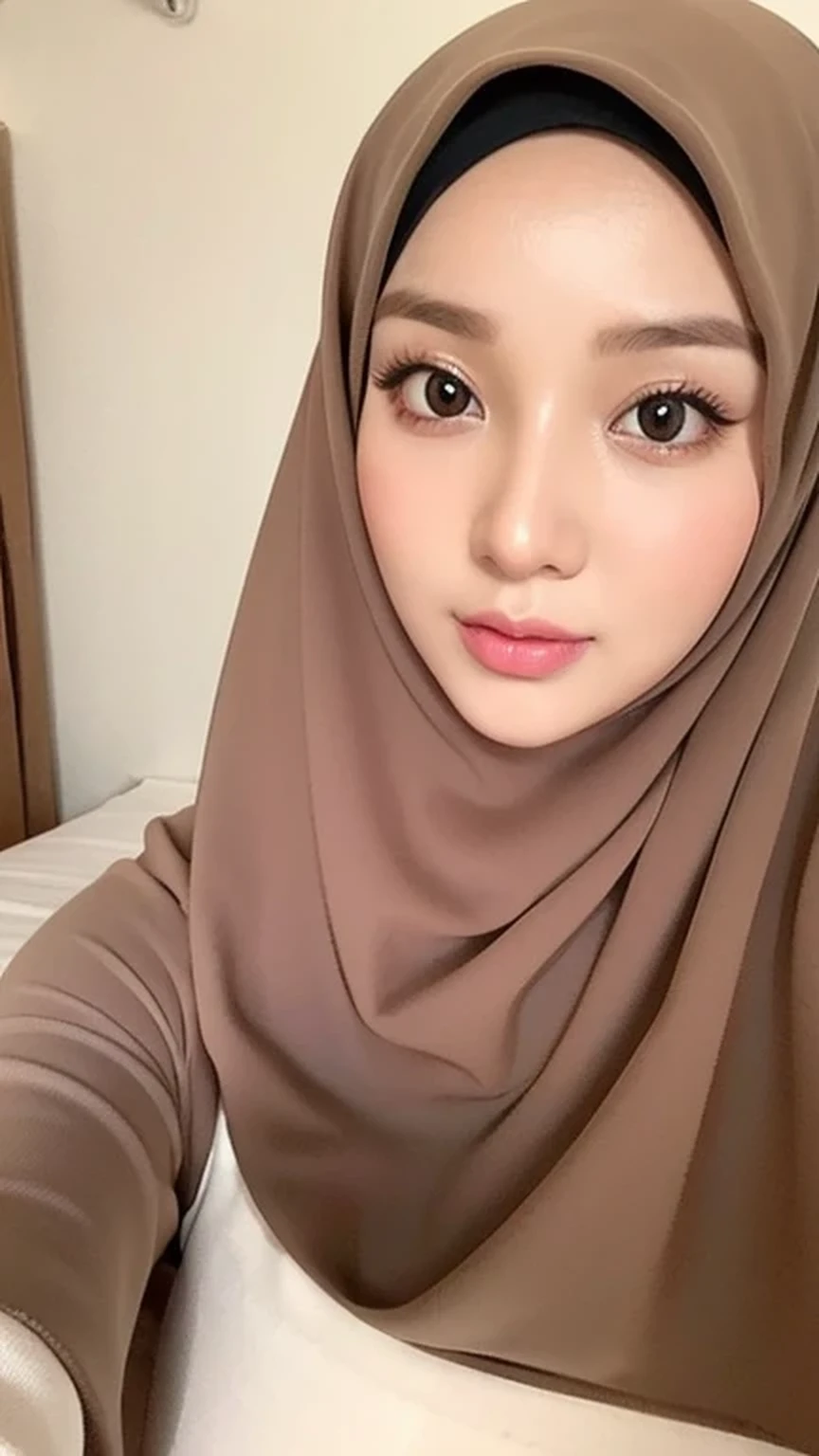 Beautuful Women、hijab, indonesian, a room、selfee、White Room、cute、ultra detailed face, 8K、1 girl, big breasts, brown, soft